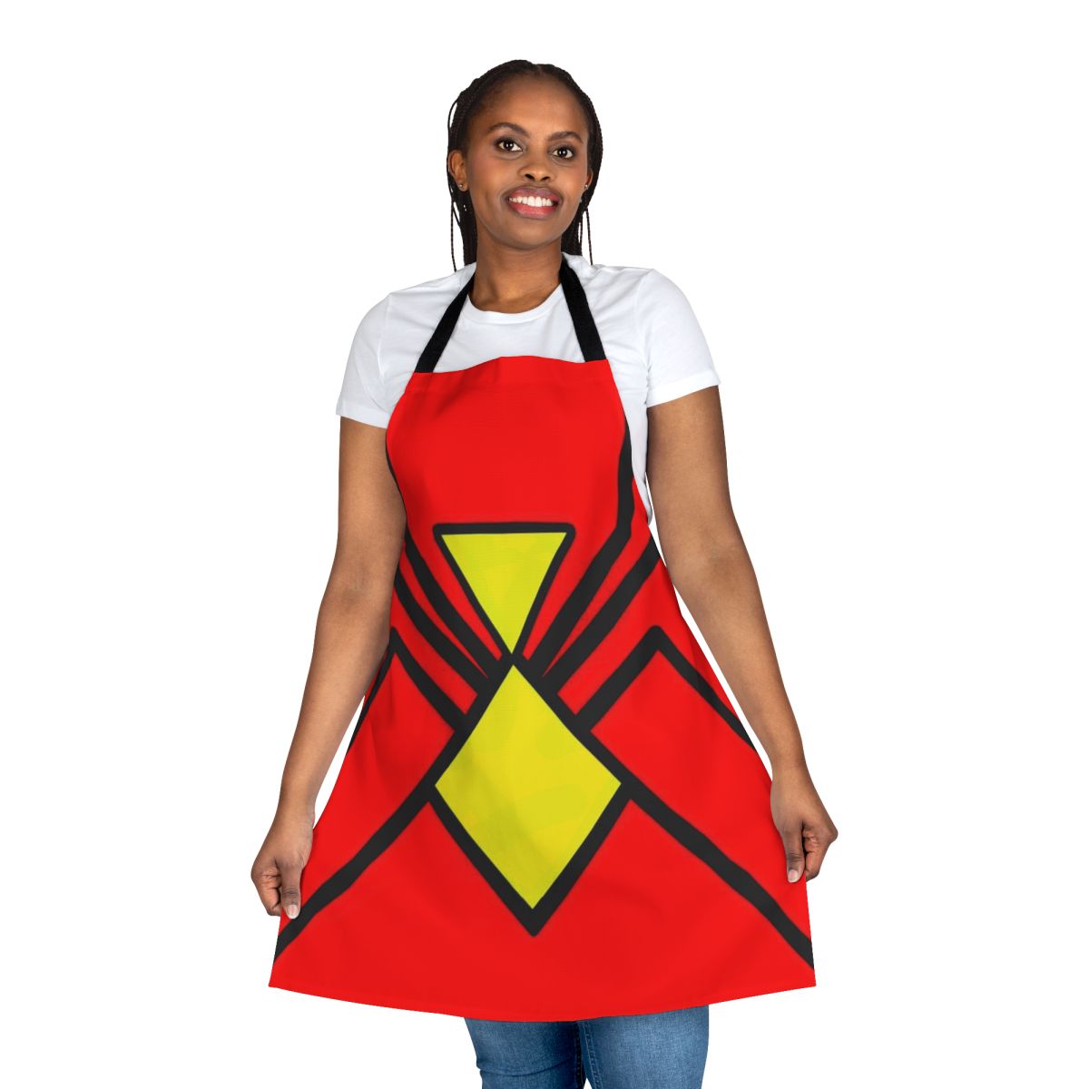 Spider-Woman inspired kitchen apron with hero emblem design