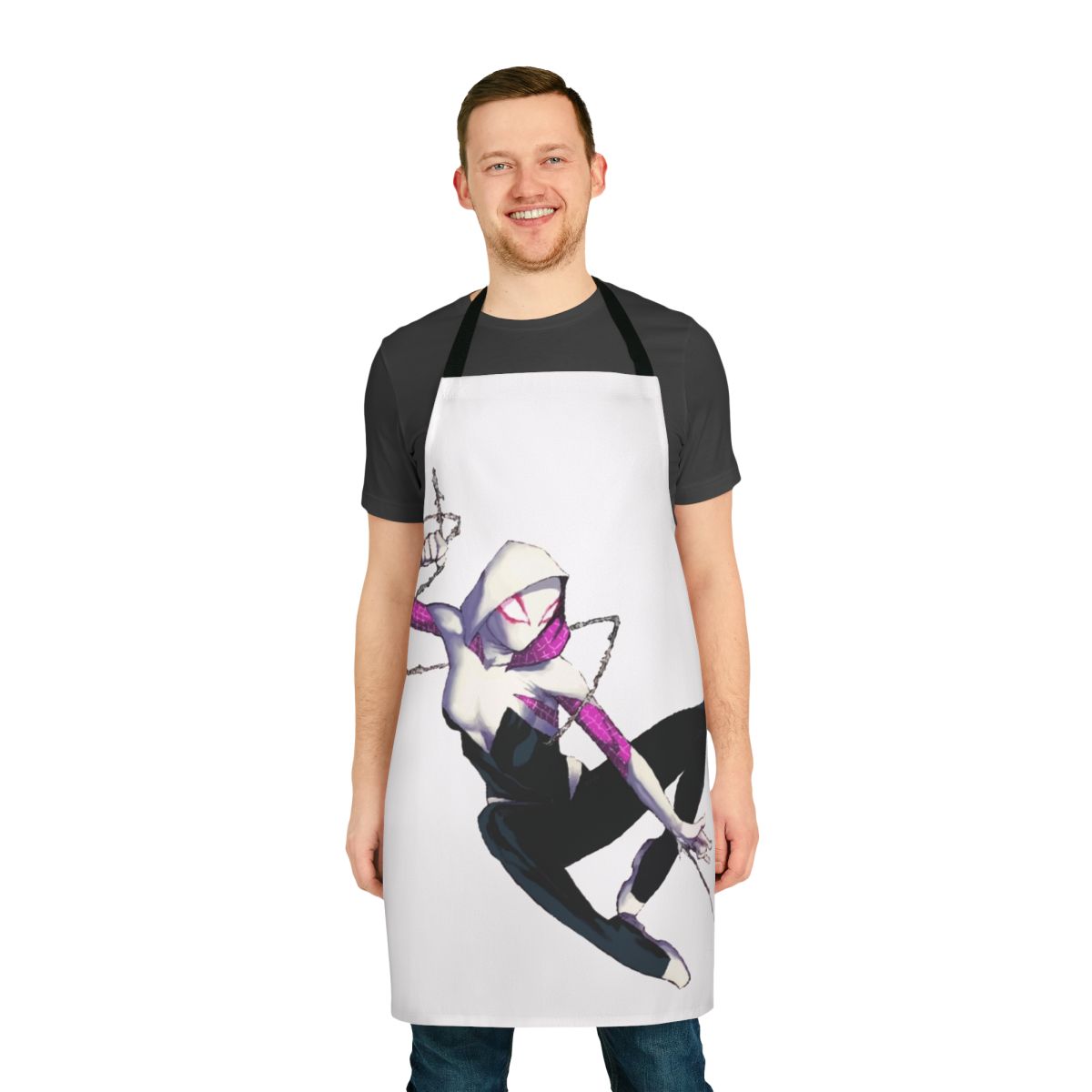 Spidergwen-inspired apron featuring a stylized spider web design