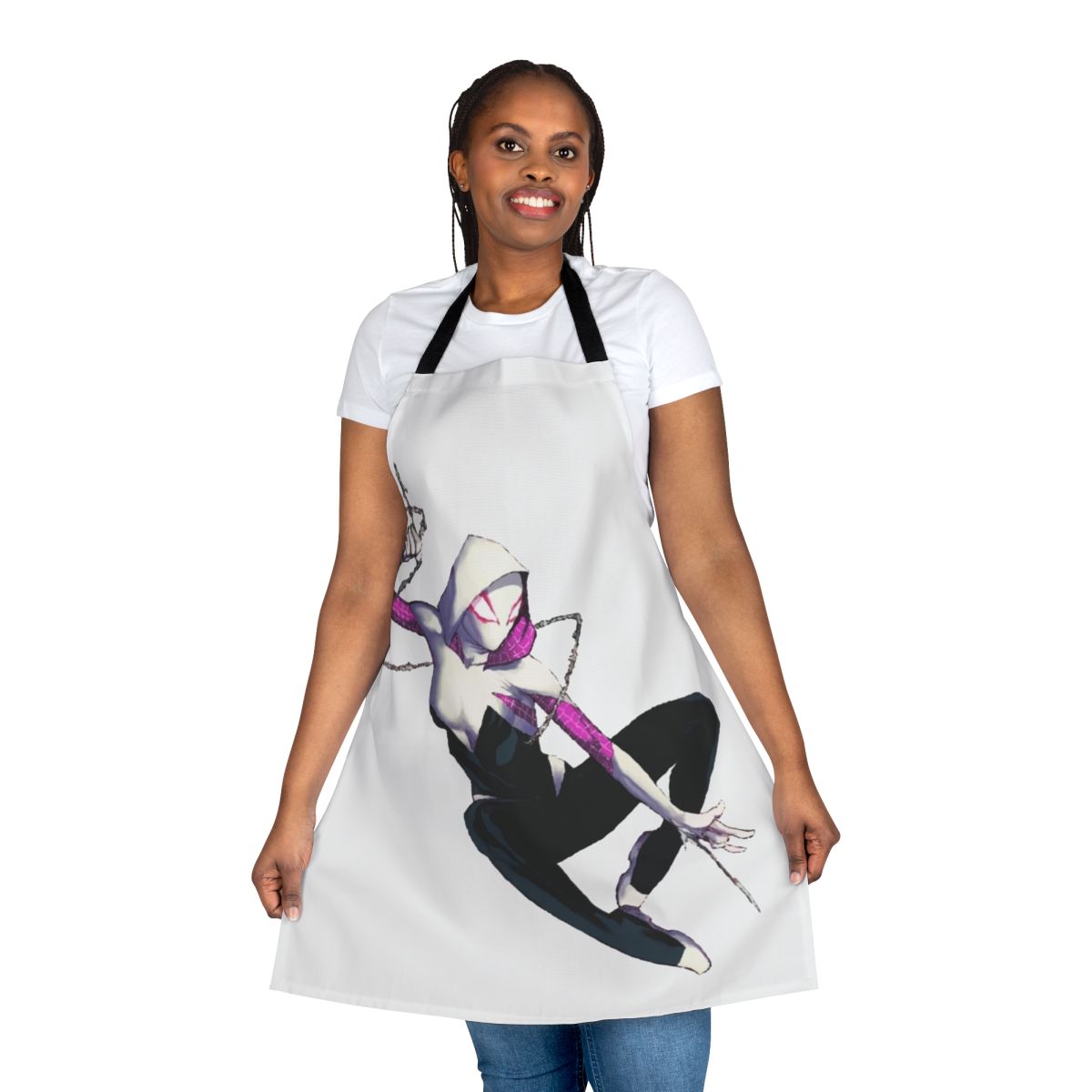Spidergwen-inspired apron featuring a stylized spider web design