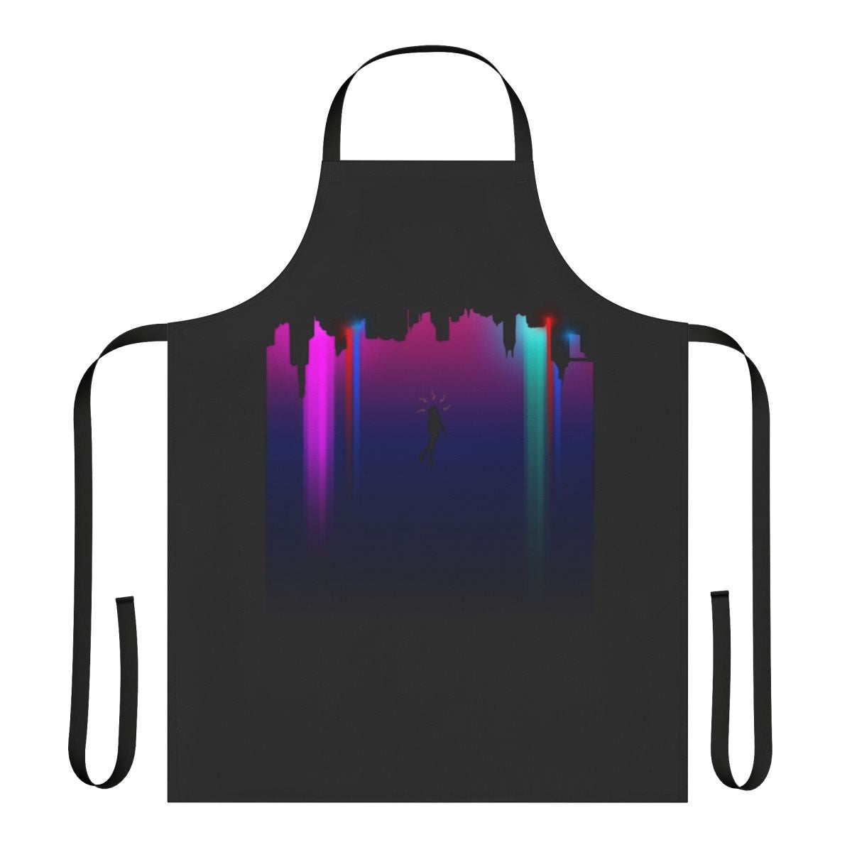 Spiderverse-inspired superhero apron with neon city and sunflower graphics