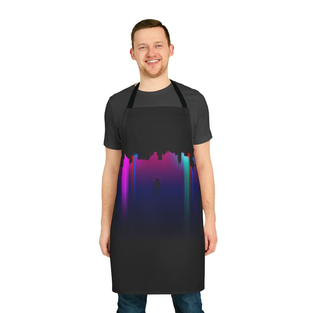 Spiderverse-inspired superhero apron with neon city and sunflower graphics