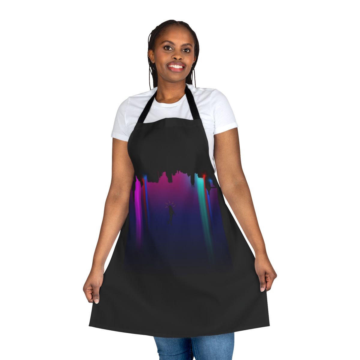 Spiderverse-inspired superhero apron with neon city and sunflower graphics