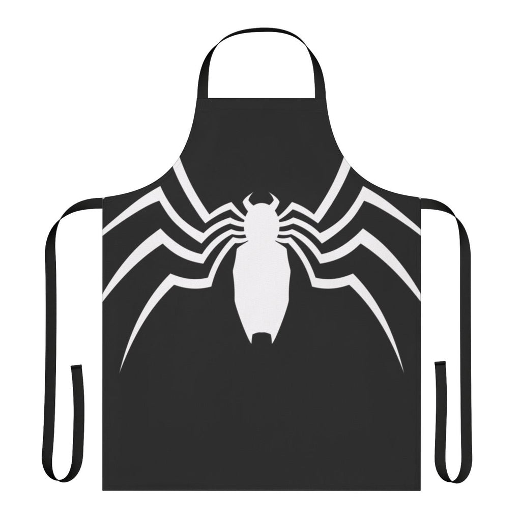 A stylish black and white apron with a spider web design, perfect for the spider-loving home cook or comic book fan.