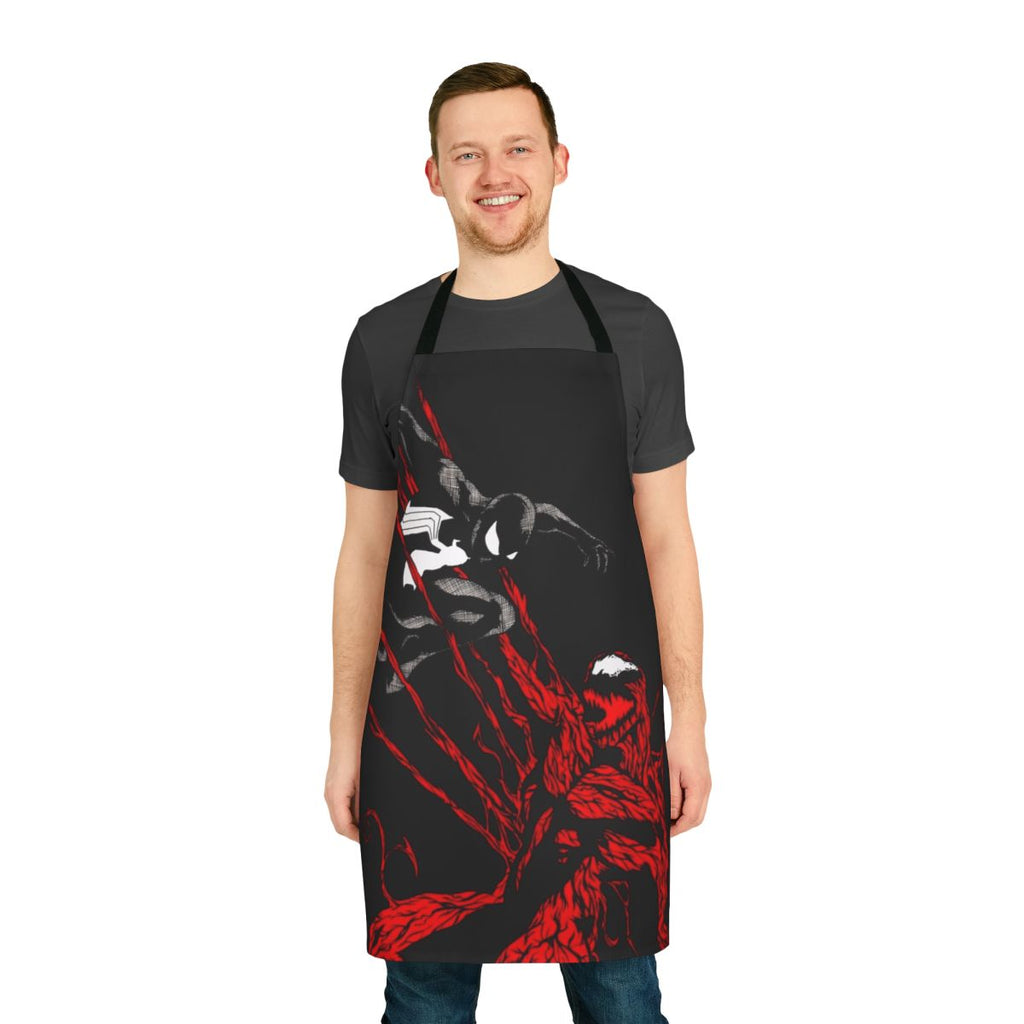 Vibrant apron featuring Carnage, a fearsome Spider-Man villain, for comic book enthusiasts.