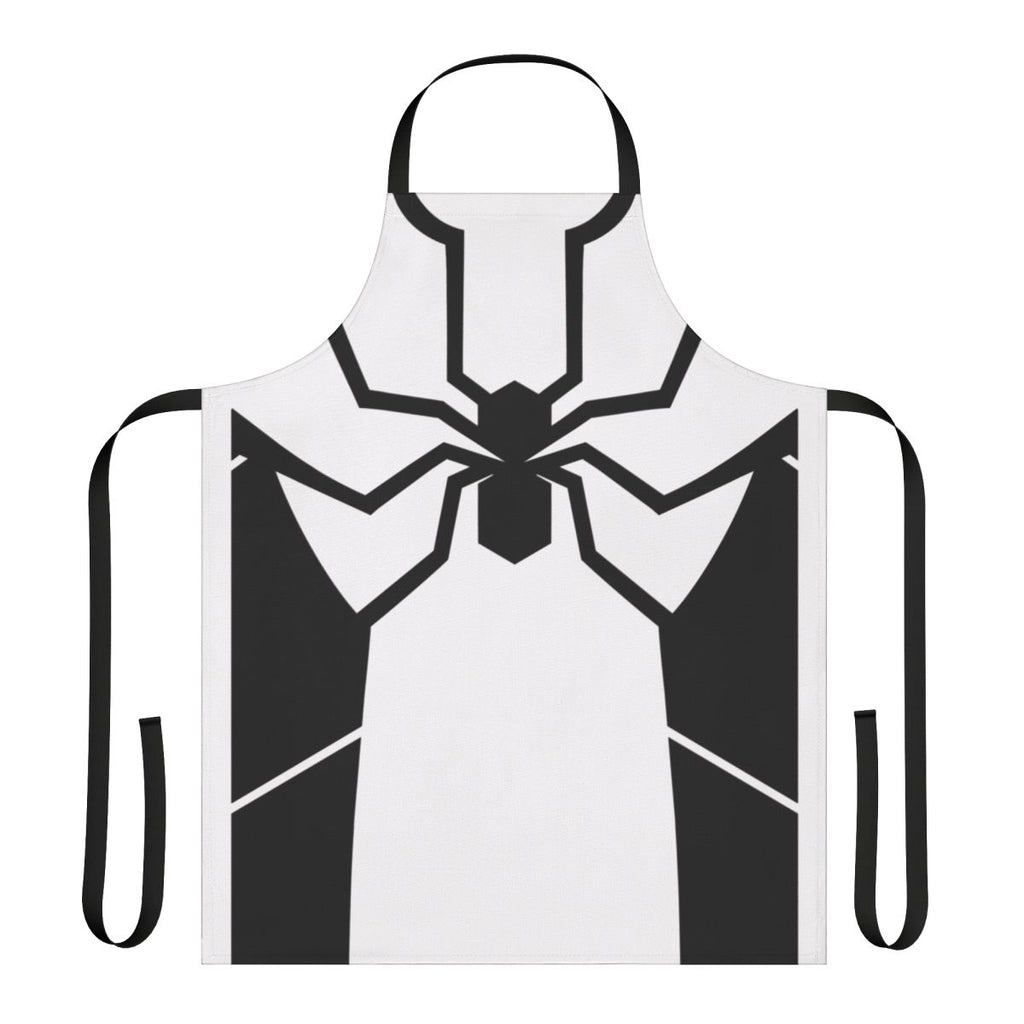 A white apron with a spiderweb-inspired design, perfect for science fiction and fantasy-themed cooking and cosplay.