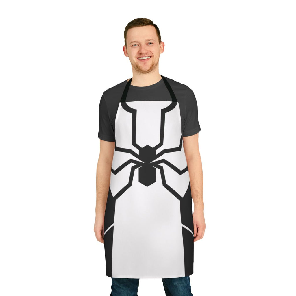 A white apron with a spiderweb-inspired design, perfect for science fiction and fantasy-themed cooking and cosplay.