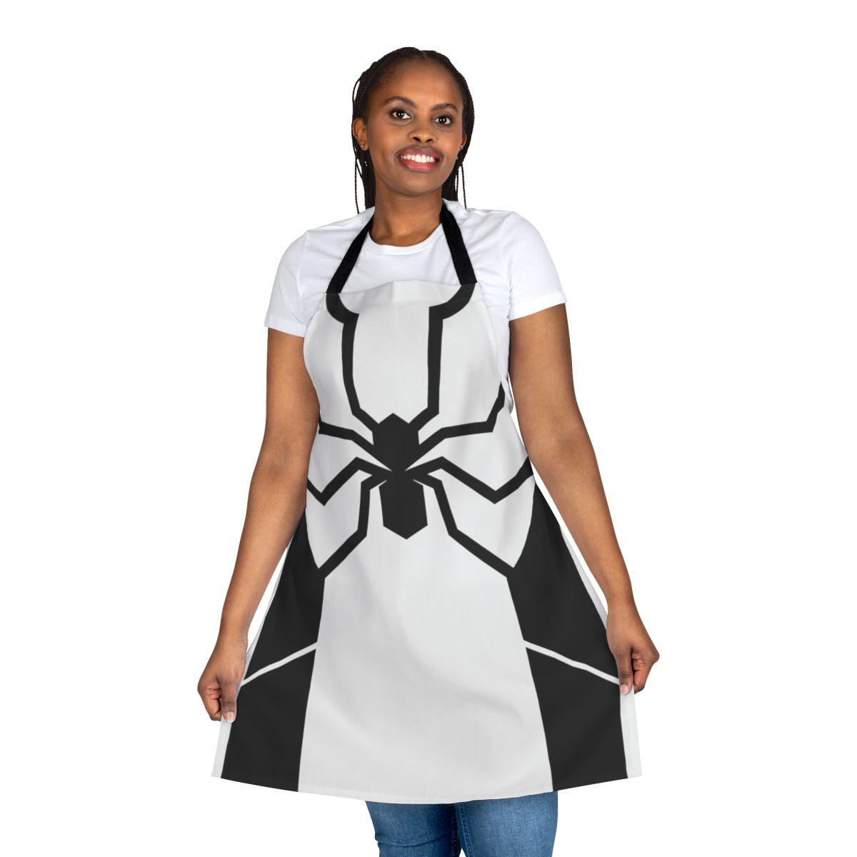 A white apron with a spiderweb-inspired design, perfect for science fiction and fantasy-themed cooking and cosplay.