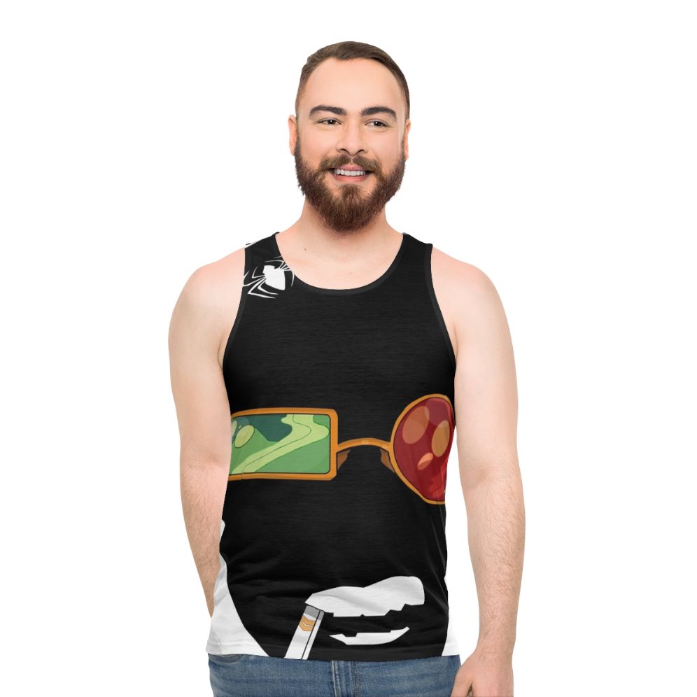 Spiderweb unisex tank top with comic art and smoke design