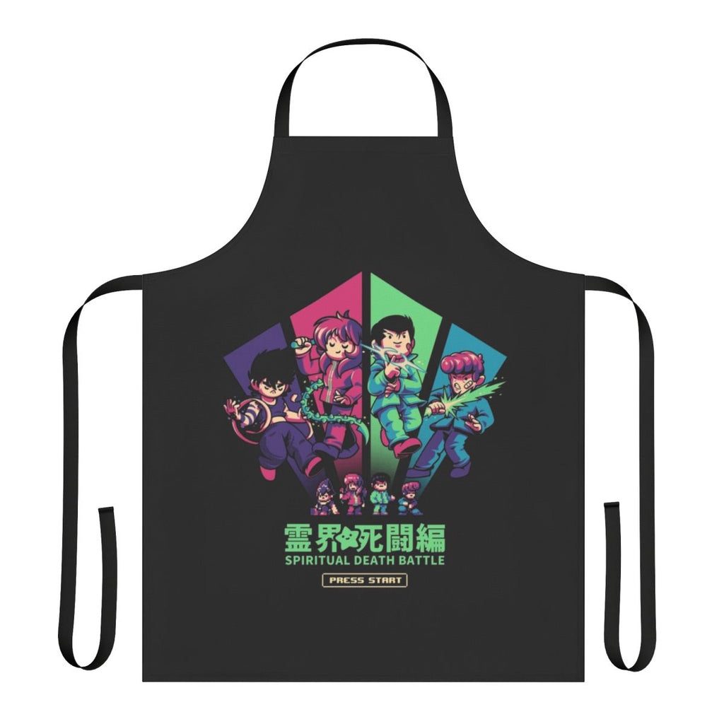 Spiritual battle-themed apron with anime-style pixel art design