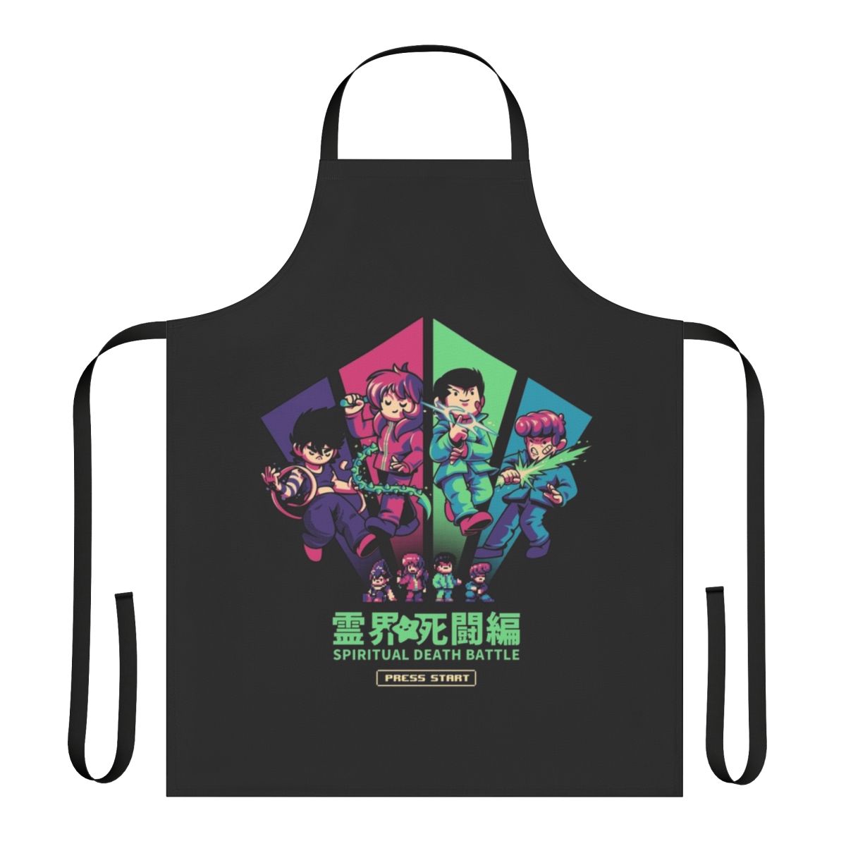 Spiritual battle-themed apron with anime-style pixel art design