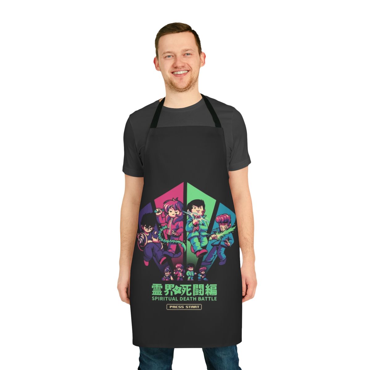 Spiritual battle-themed apron with anime-style pixel art design