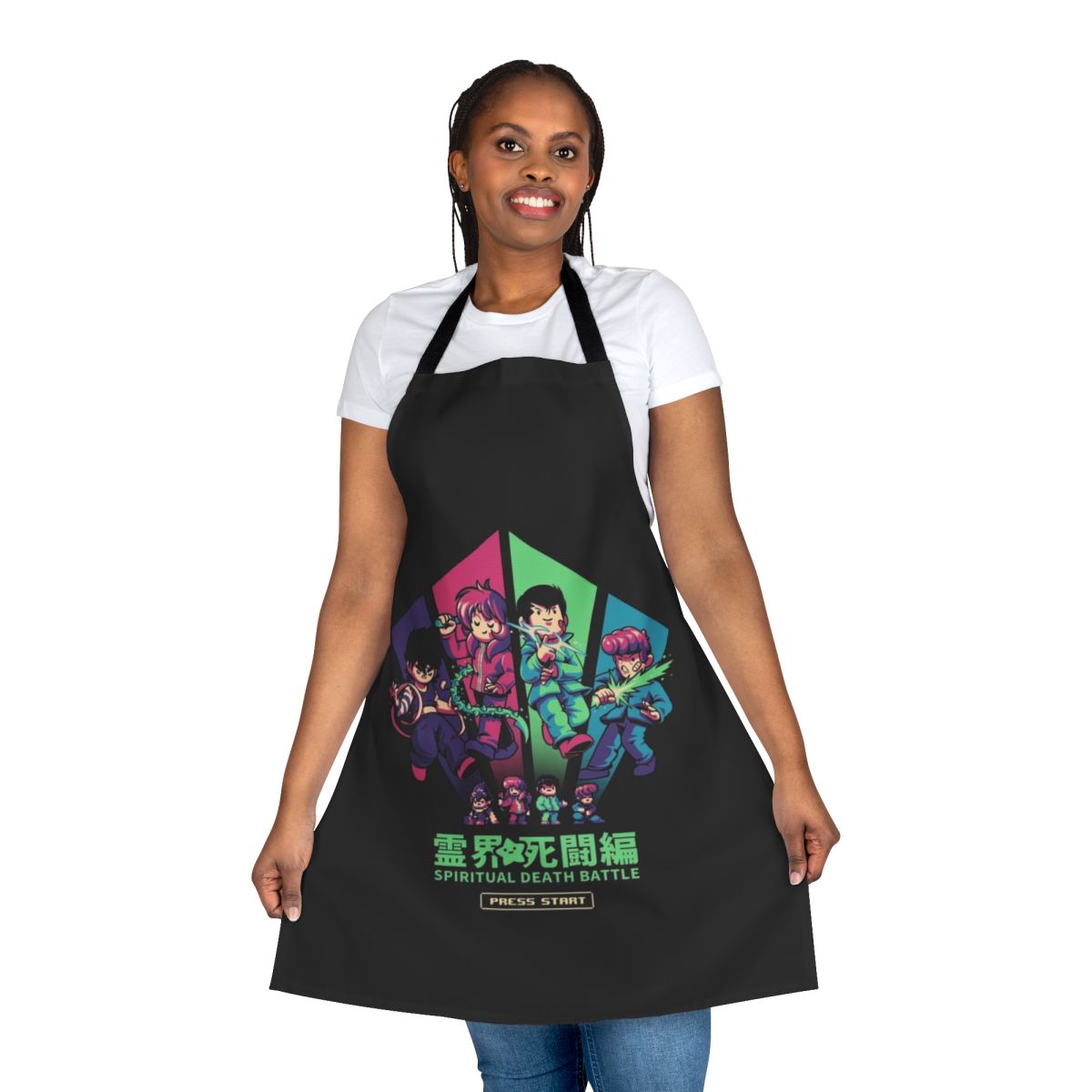 Spiritual battle-themed apron with anime-style pixel art design