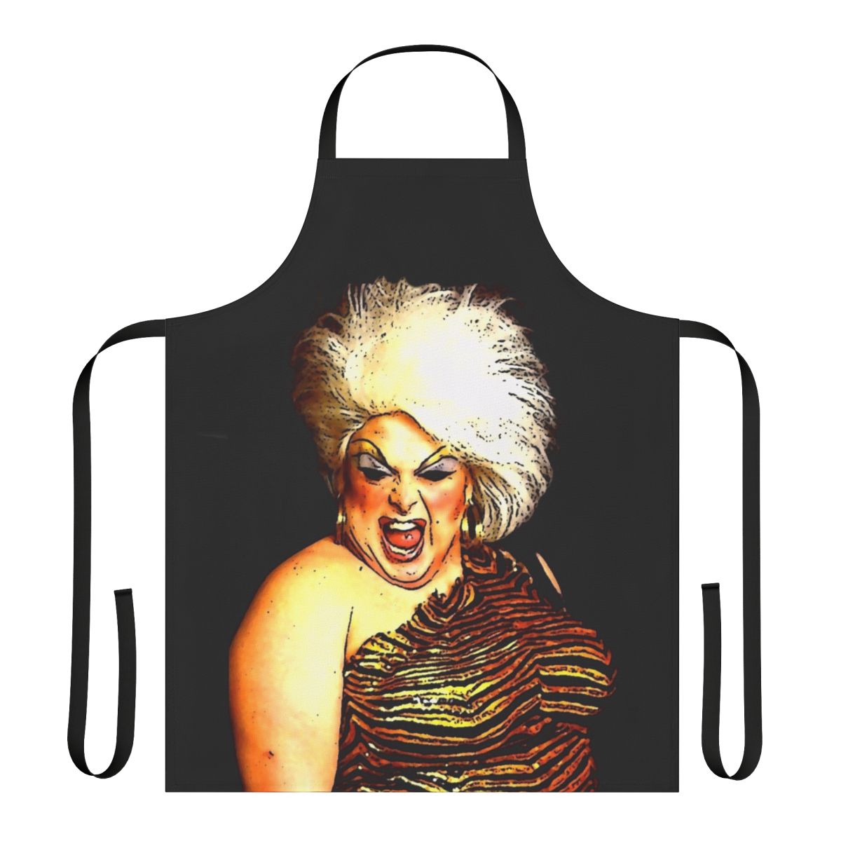 Person wearing a blue and white patterned apron with the text "Divine and Inspiration" on it.