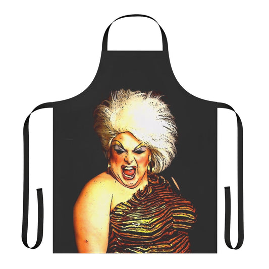 Person wearing a blue and white patterned apron with the text "Divine and Inspiration" on it.