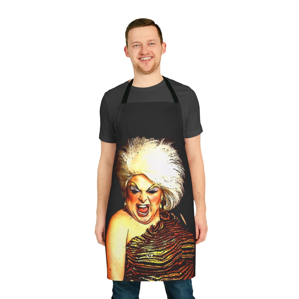 Person wearing a blue and white patterned apron with the text "Divine and Inspiration" on it.