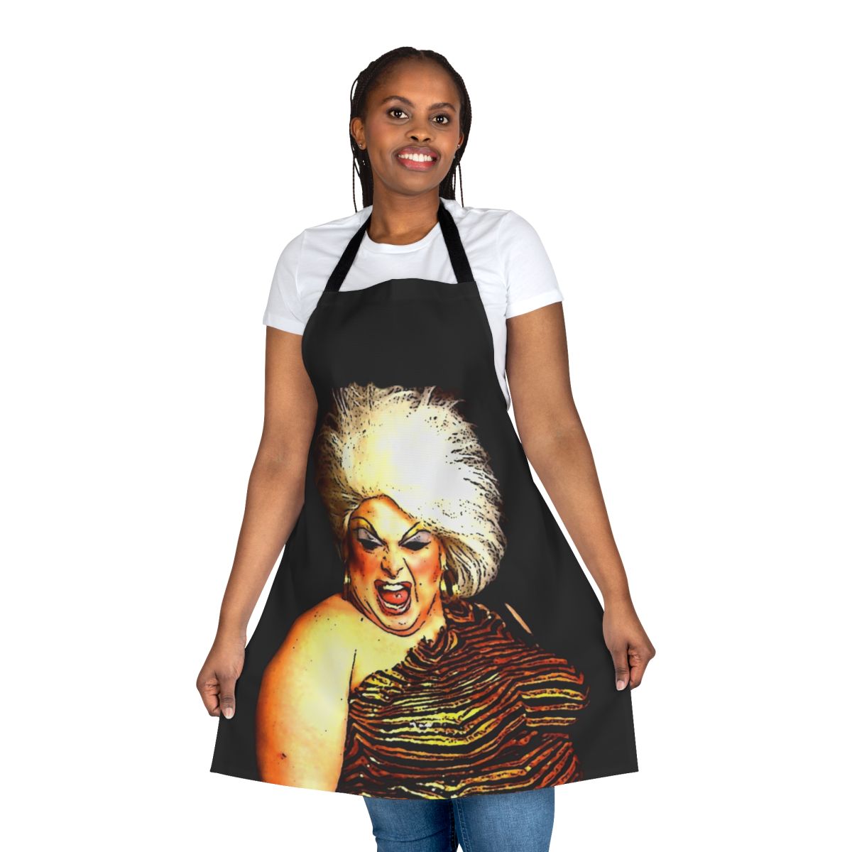 Person wearing a blue and white patterned apron with the text "Divine and Inspiration" on it.
