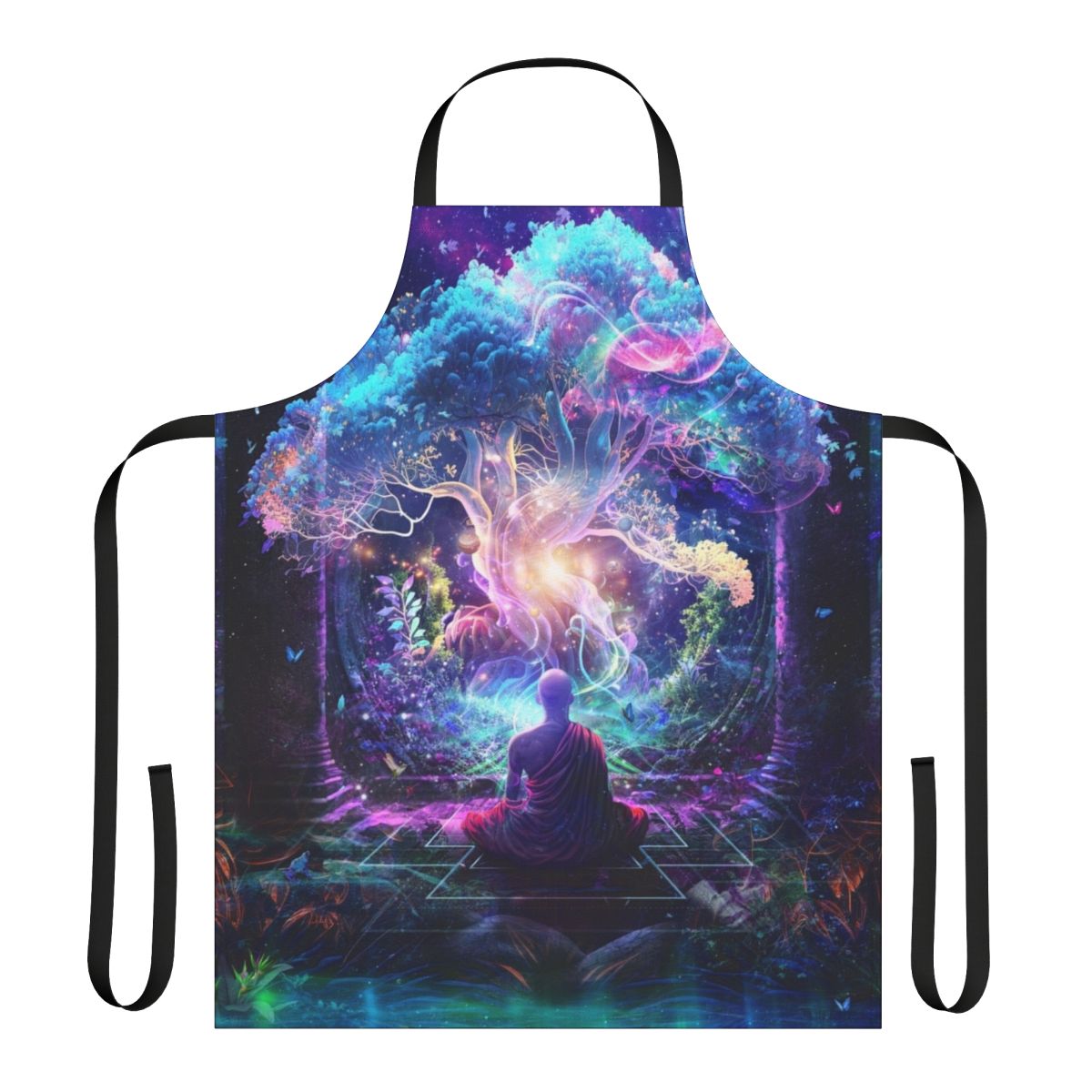 Midnight Garden Apron featuring a mystical, nature-inspired design with cosmic and spiritual elements.