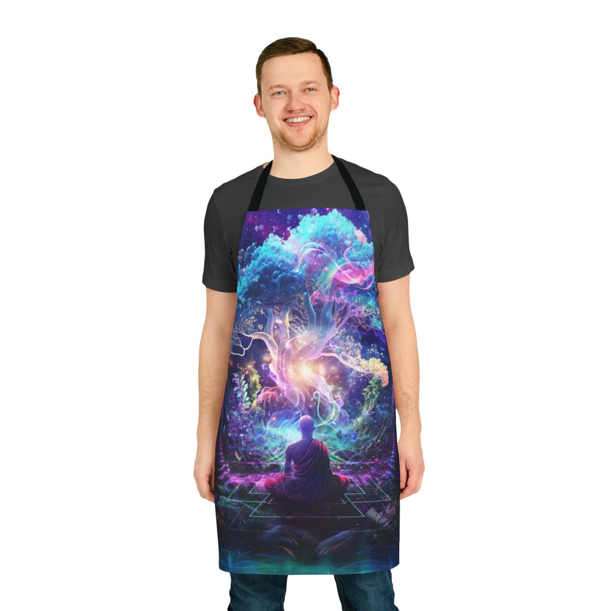 Midnight Garden Apron featuring a mystical, nature-inspired design with cosmic and spiritual elements.