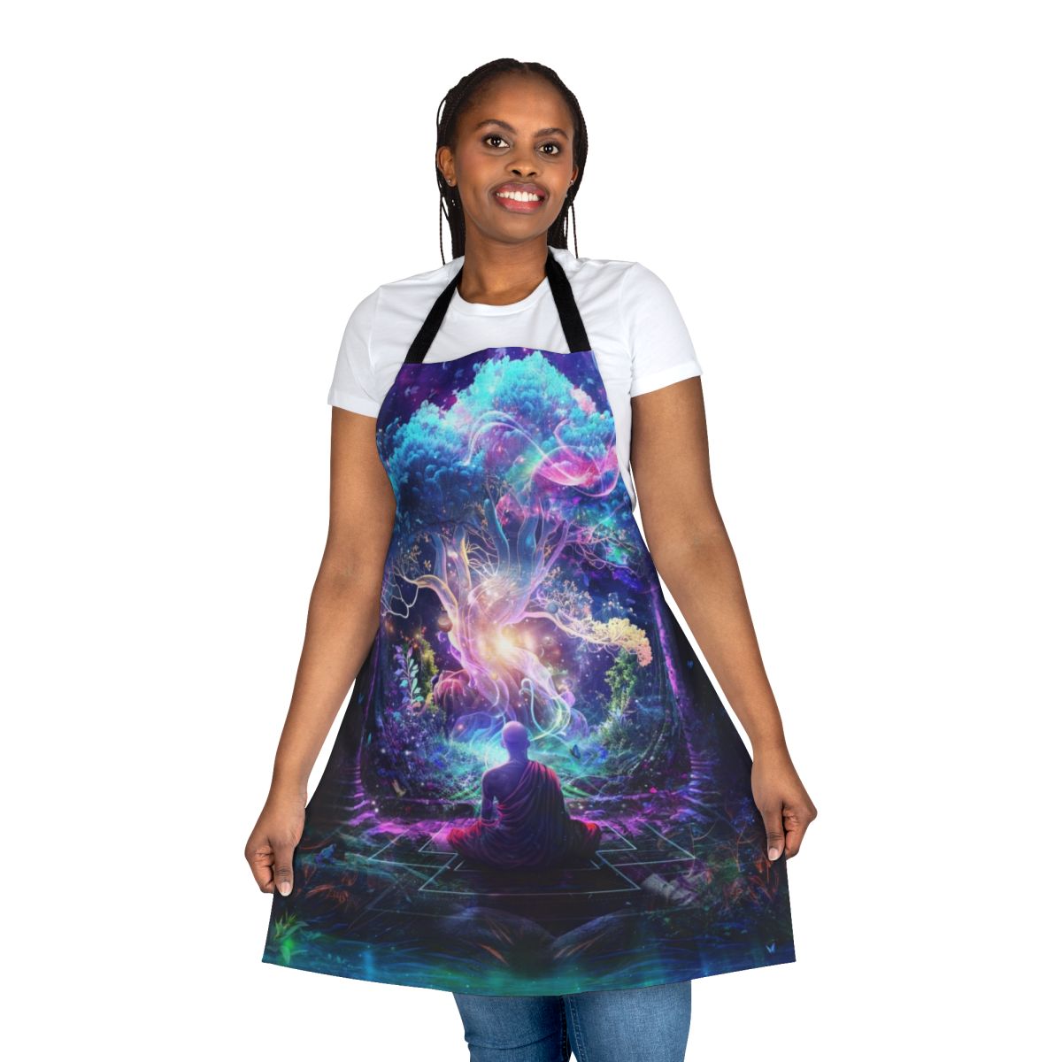 Midnight Garden Apron featuring a mystical, nature-inspired design with cosmic and spiritual elements.