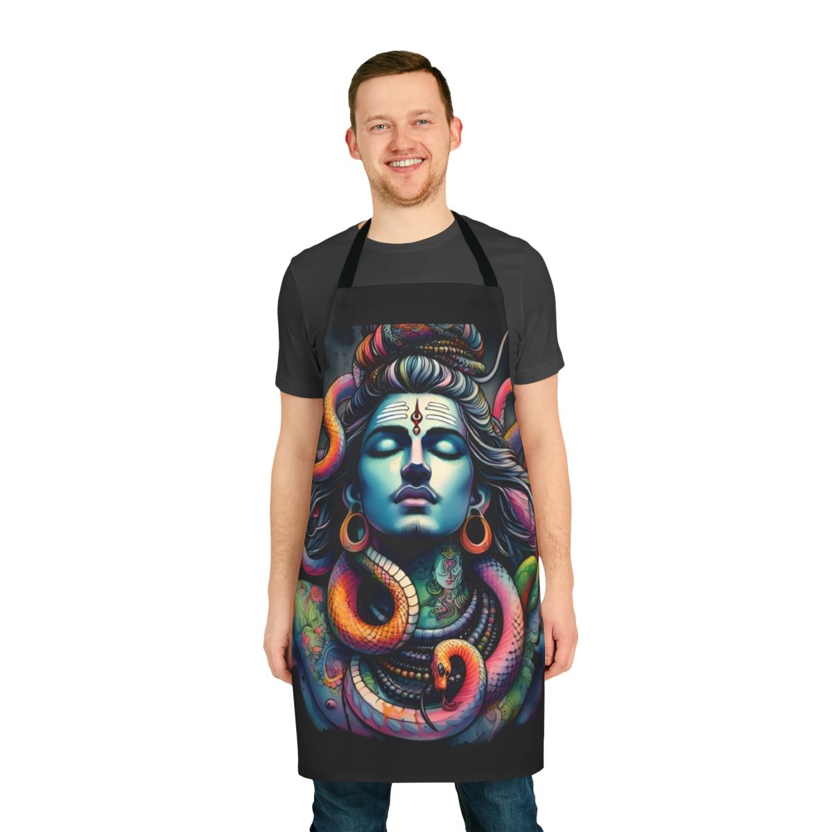 Artistic illustration of Lord Shiva with snakes on a high-quality apron