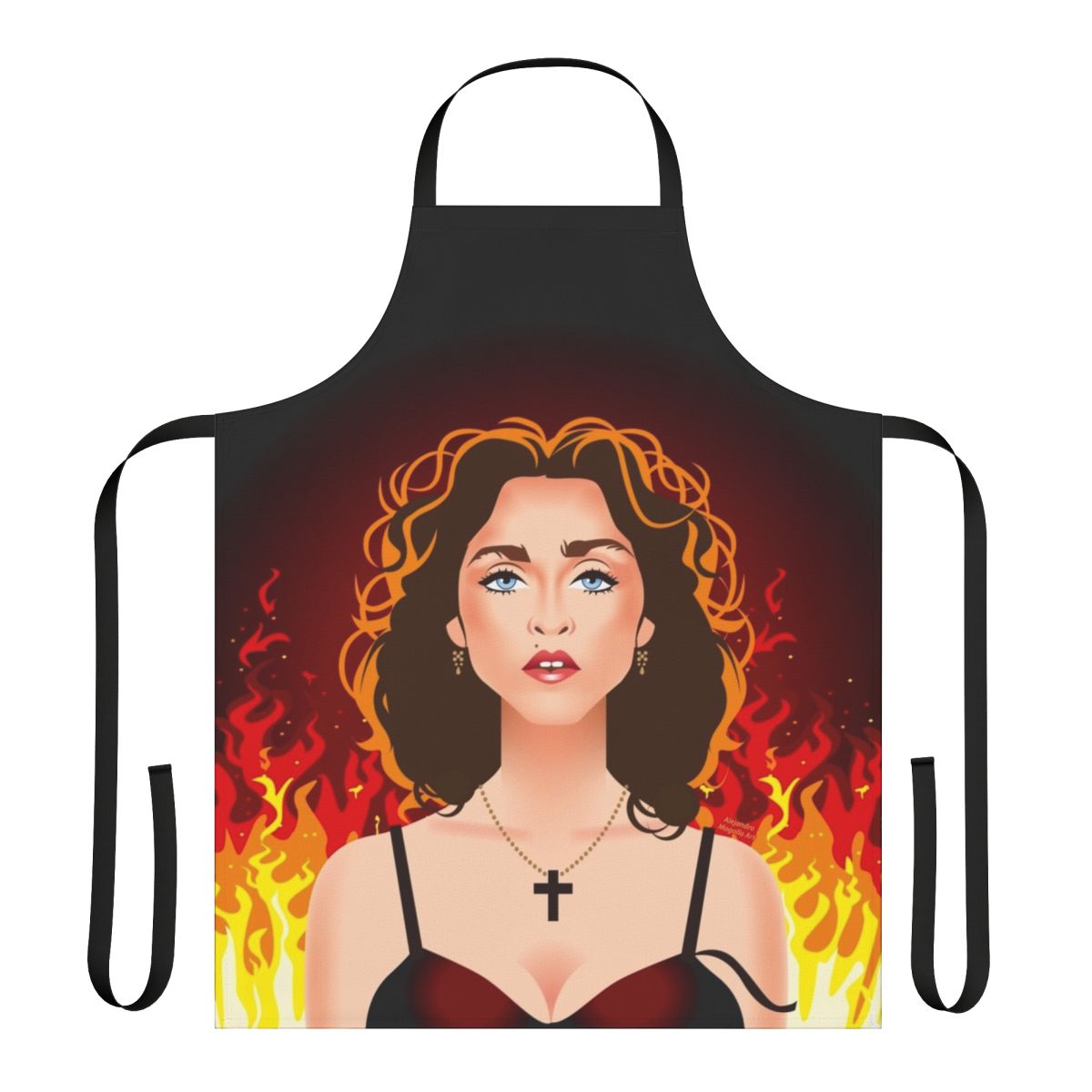 A white apron with a prayer design, suitable for use in the kitchen or during religious observances.