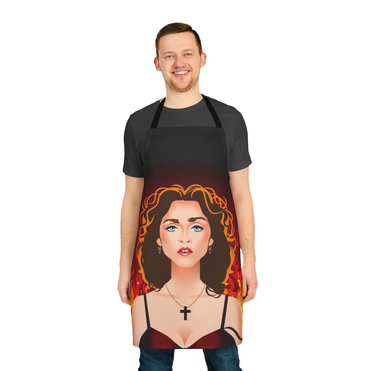 A white apron with a prayer design, suitable for use in the kitchen or during religious observances.
