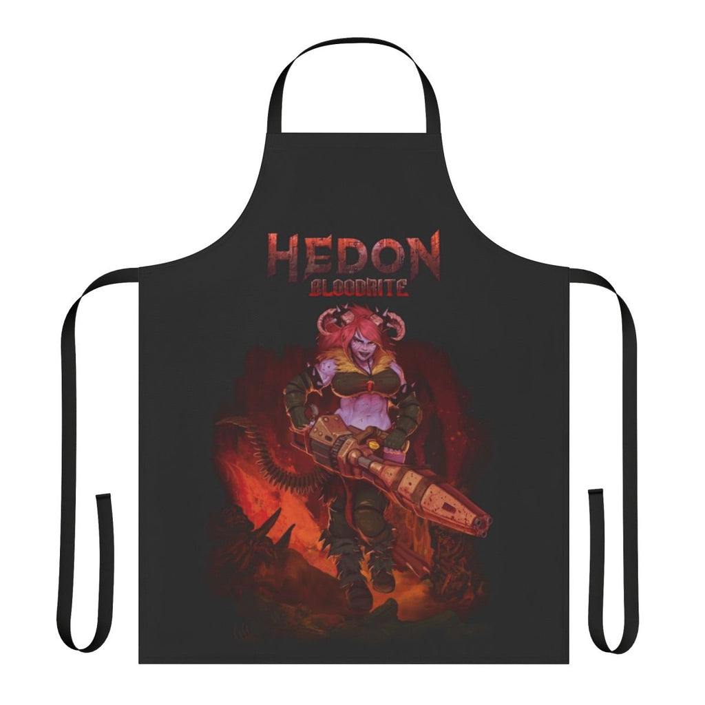 Fantasy-themed apron with splash art design of a female character with horns and a gun
