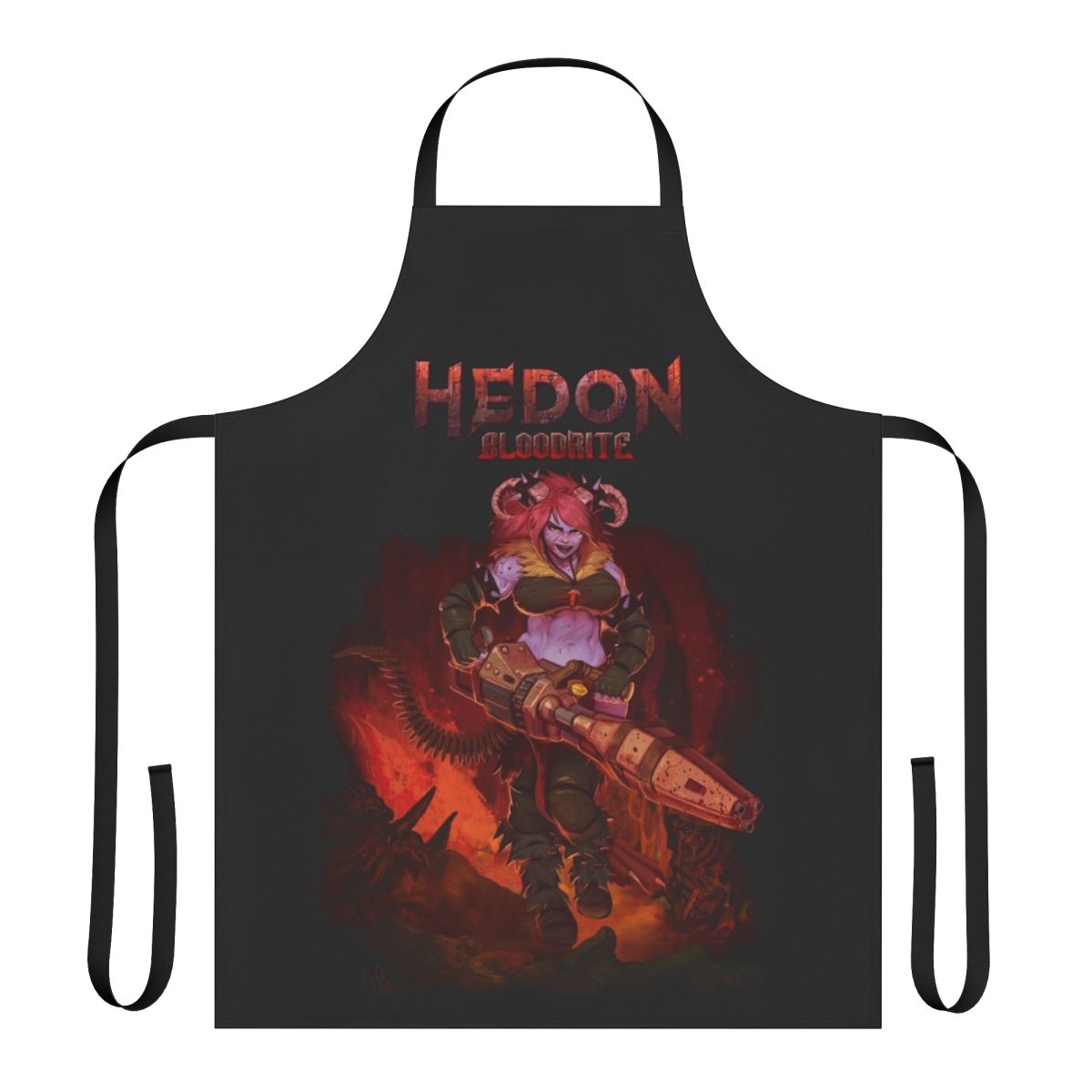 Fantasy-themed apron with splash art design of a female character with horns and a gun