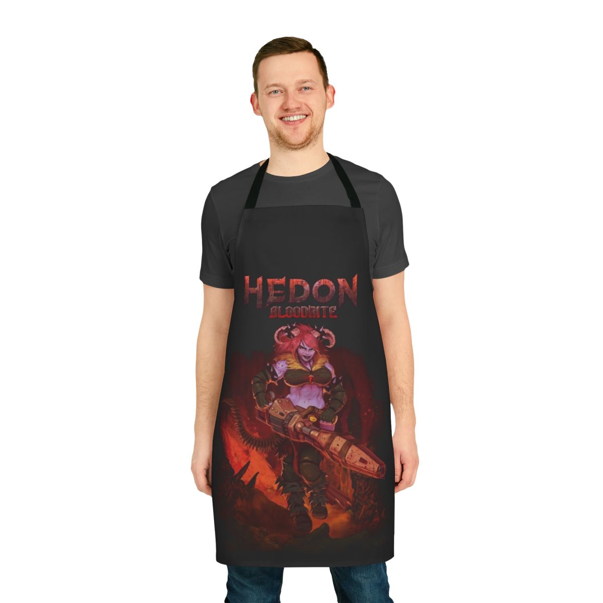Fantasy-themed apron with splash art design of a female character with horns and a gun