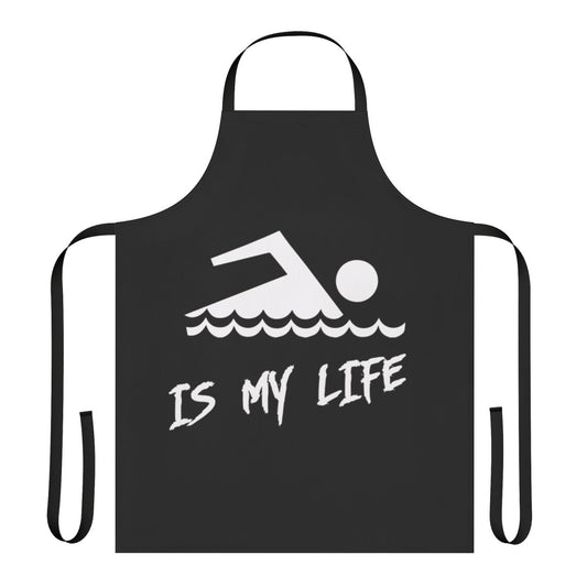 A white apron with the text "Swimming Is My Life" printed on it.