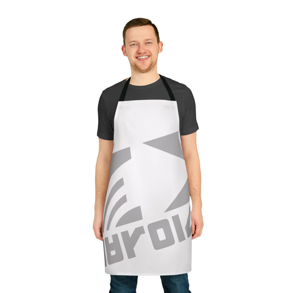 White apron with navy blue Deca logo design, inspired by the Splatoon video game series