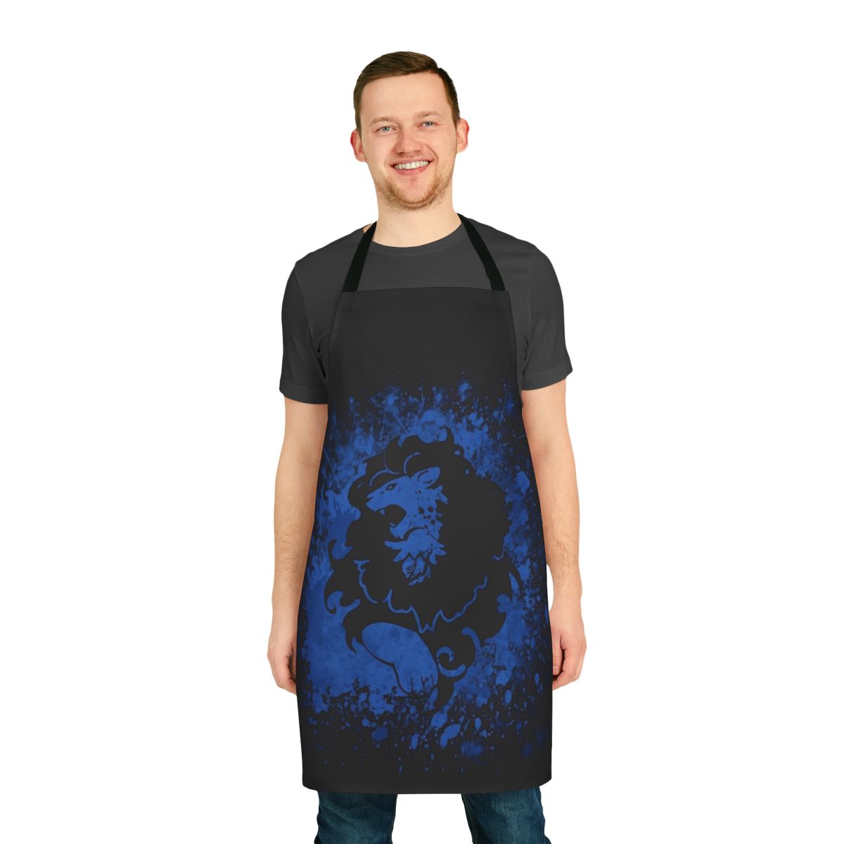 Blue and white splatter-patterned apron featuring the Blue Lions insignia from the Fire Emblem video game series