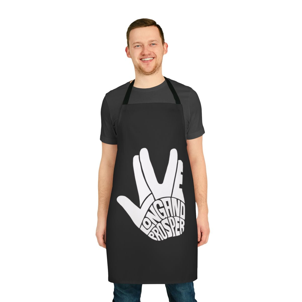 White apron with "Live Long and Prosper" Spock design