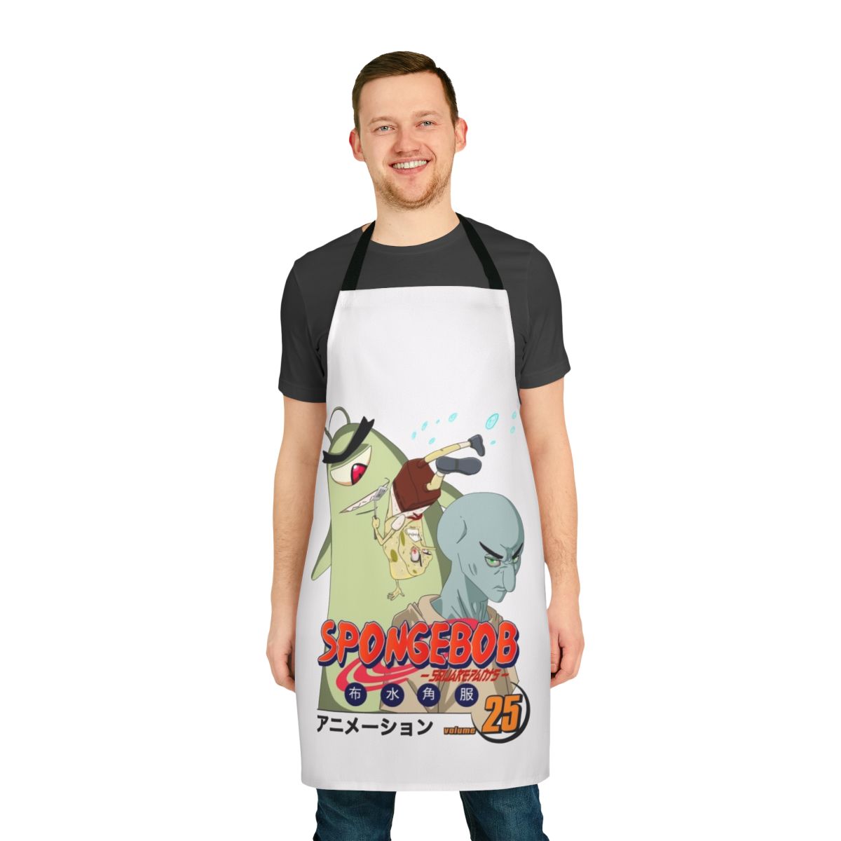 Illustration of Spongebob Squarepants in anime art style on a kitchen apron