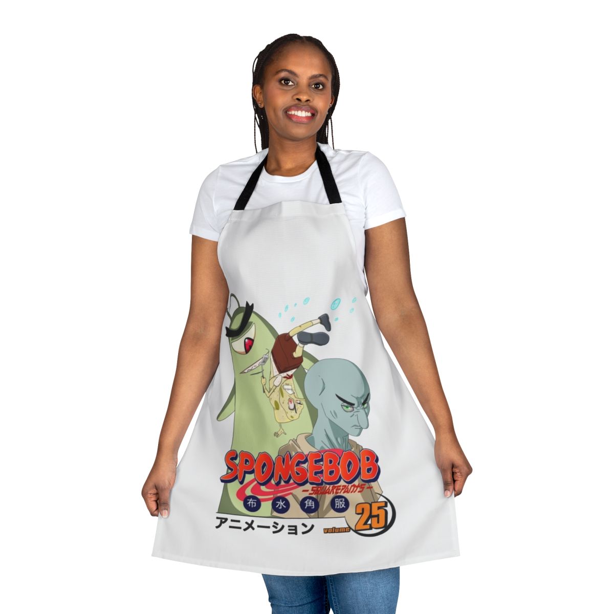 Illustration of Spongebob Squarepants in anime art style on a kitchen apron