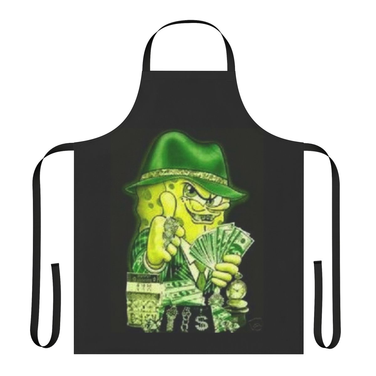 Spongebob-themed apron featuring a humorous "cash money pimp" meme design