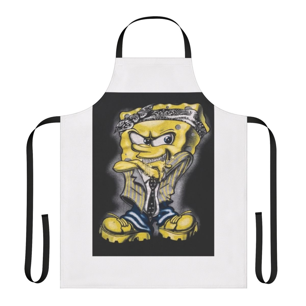 Spongebob-inspired apron featuring a stylized, gangster-themed graphic design