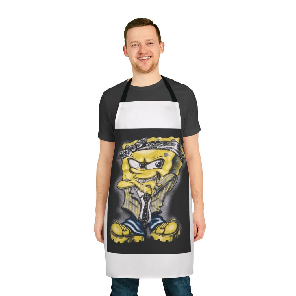 Spongebob-inspired apron featuring a stylized, gangster-themed graphic design
