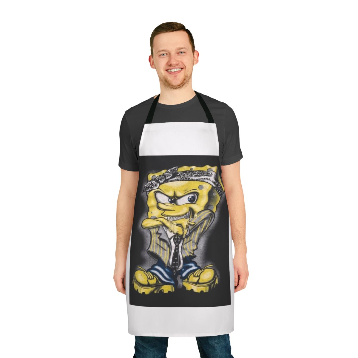 Spongebob-inspired apron featuring a stylized, gangster-themed graphic design