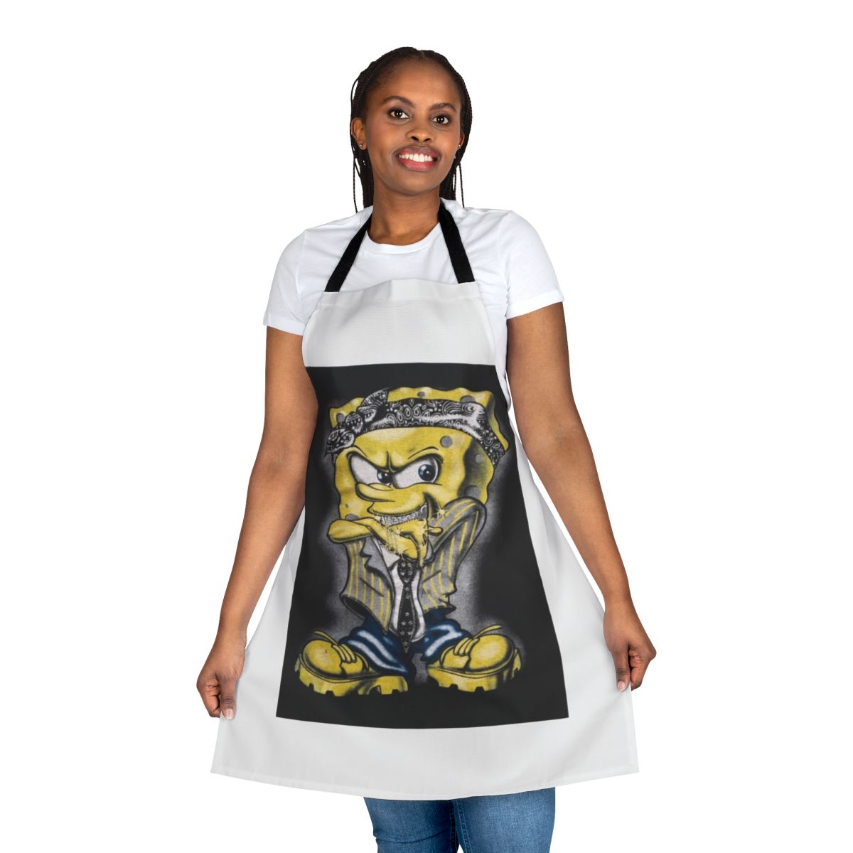 Spongebob-inspired apron featuring a stylized, gangster-themed graphic design