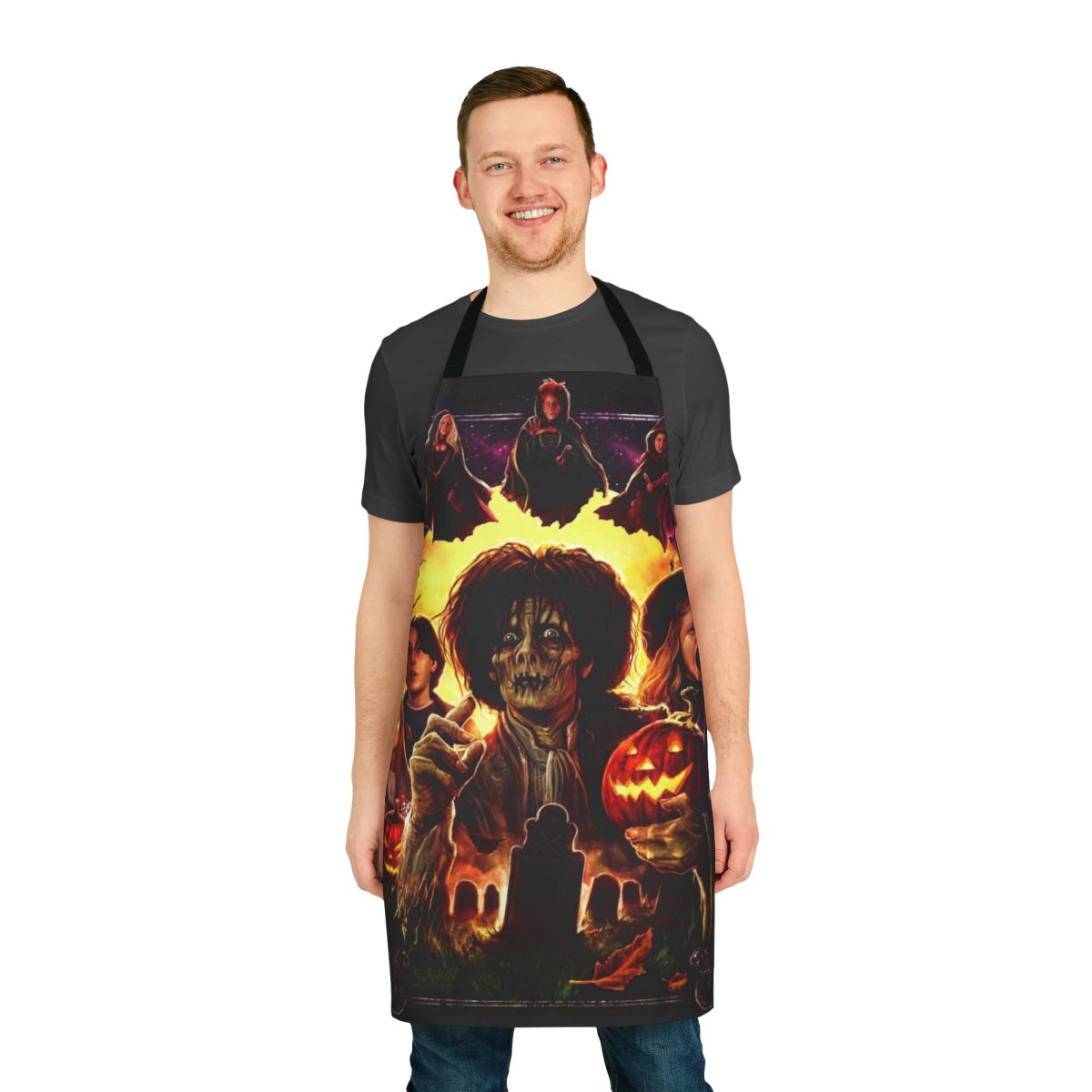 Glorious Morning Apron featuring a Halloween-themed design with witches, zombies, and other creepy elements