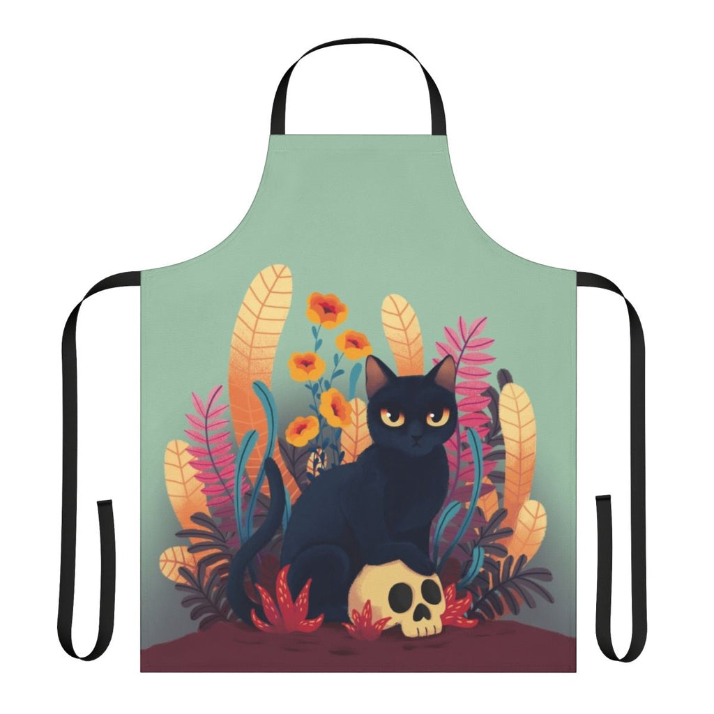 An apron featuring a cute and spooky skull cat design with floral and autumn elements.