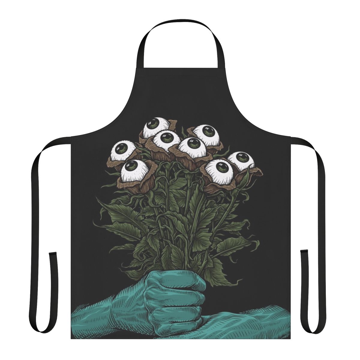 Colorful apron featuring a whimsical monster bouquet design