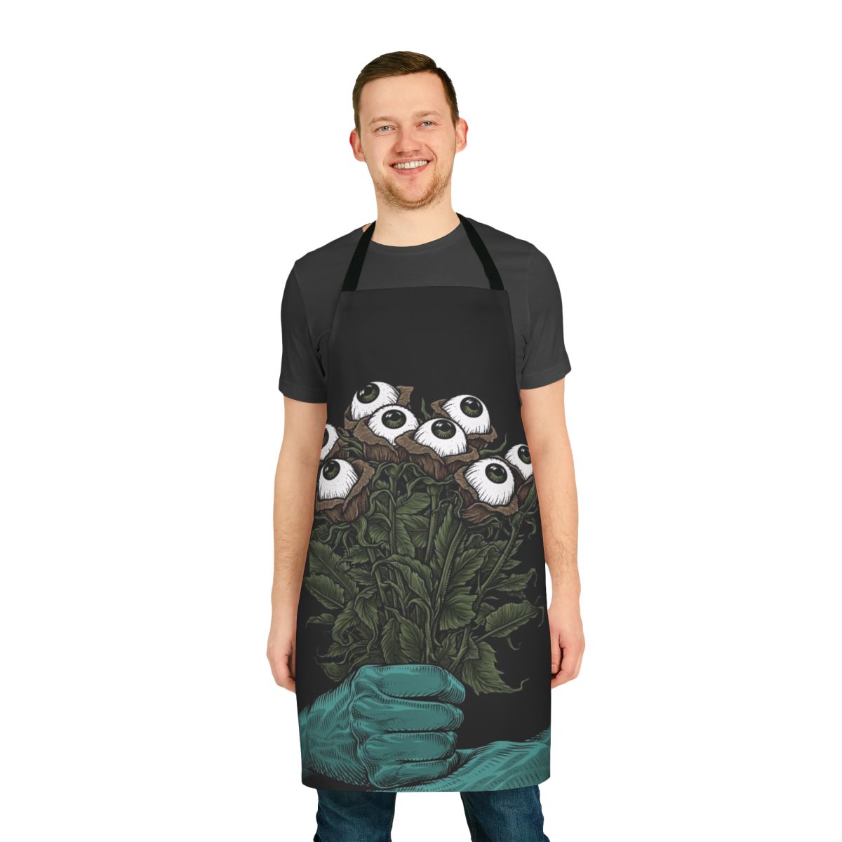Colorful apron featuring a whimsical monster bouquet design