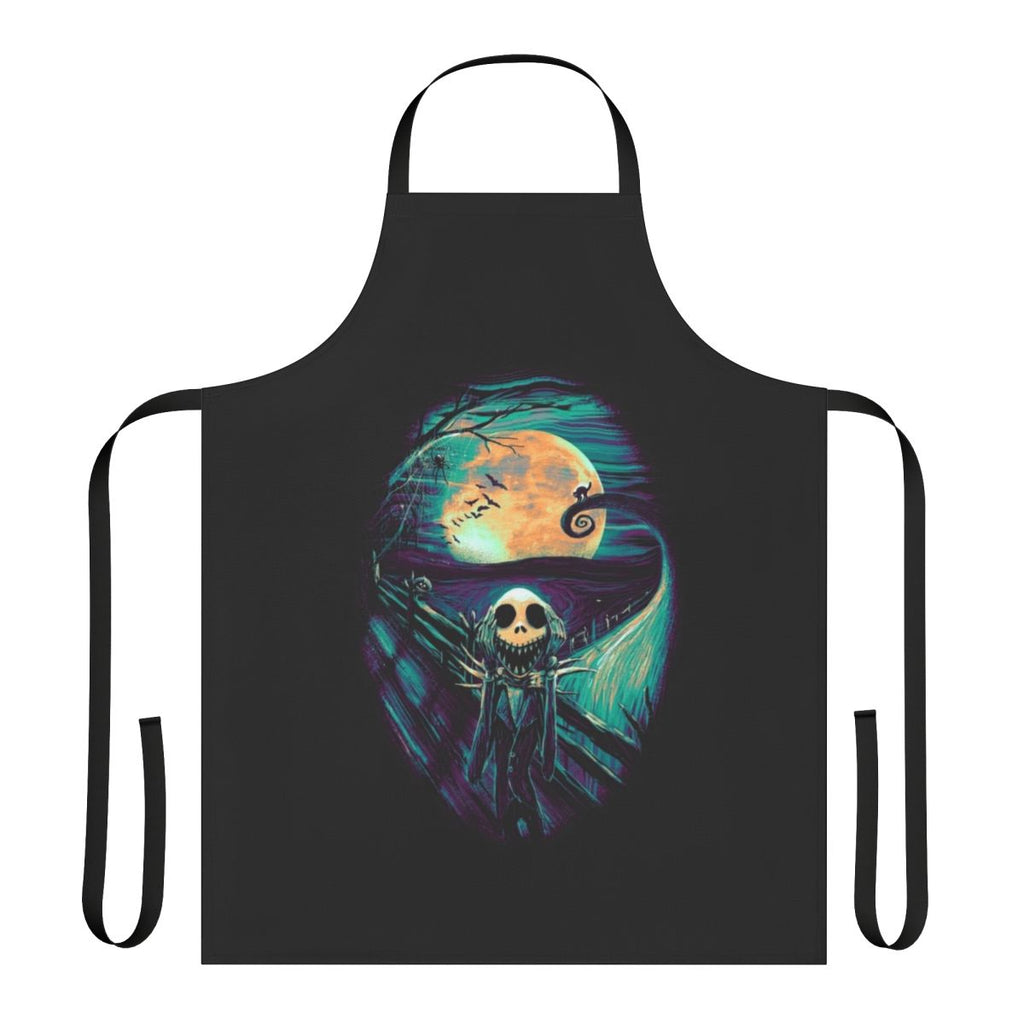 Creepy and whimsical apron featuring elements from "The Nightmare Before Christmas" and Edvard Munch's "The Scream"