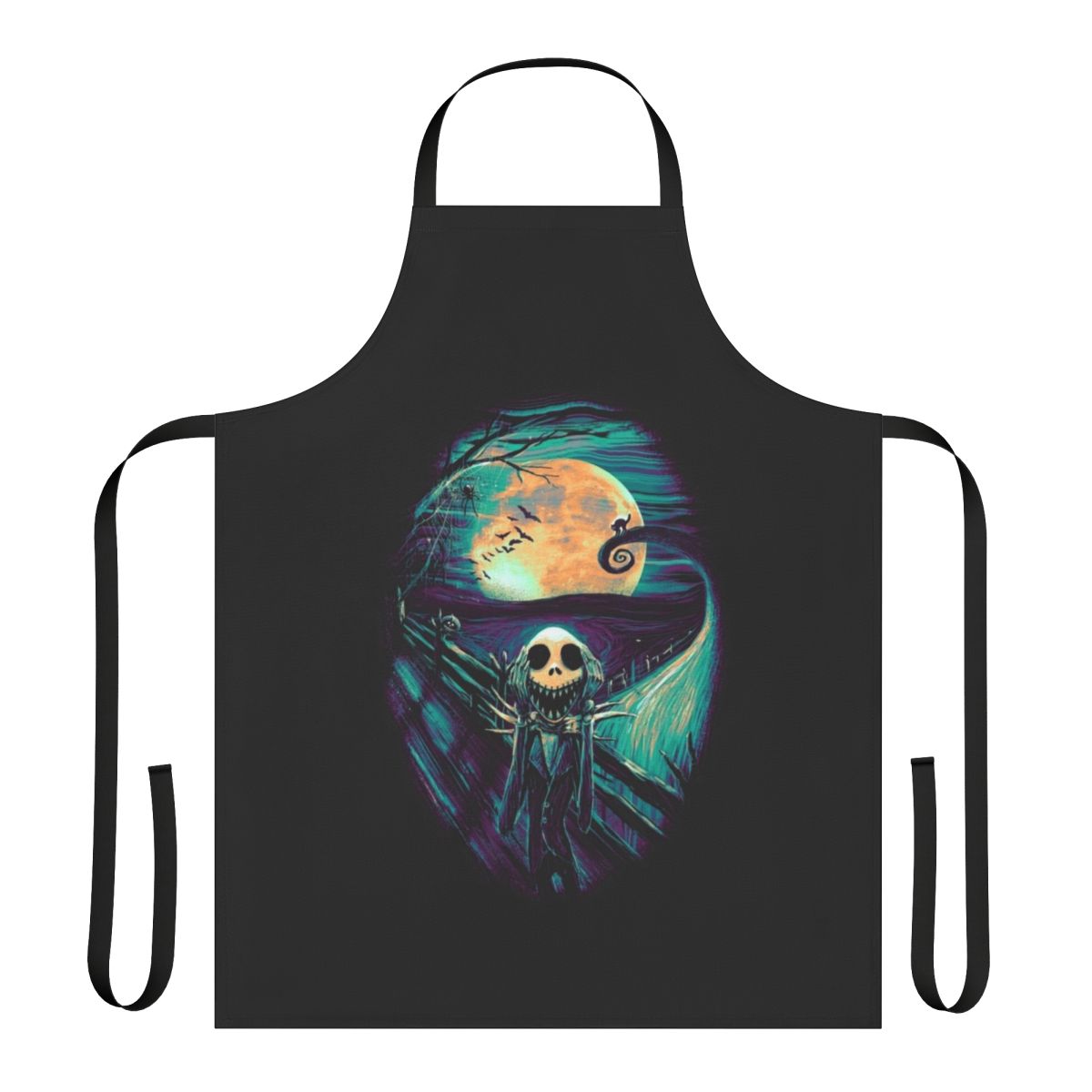 Creepy and whimsical apron featuring elements from "The Nightmare Before Christmas" and Edvard Munch's "The Scream"