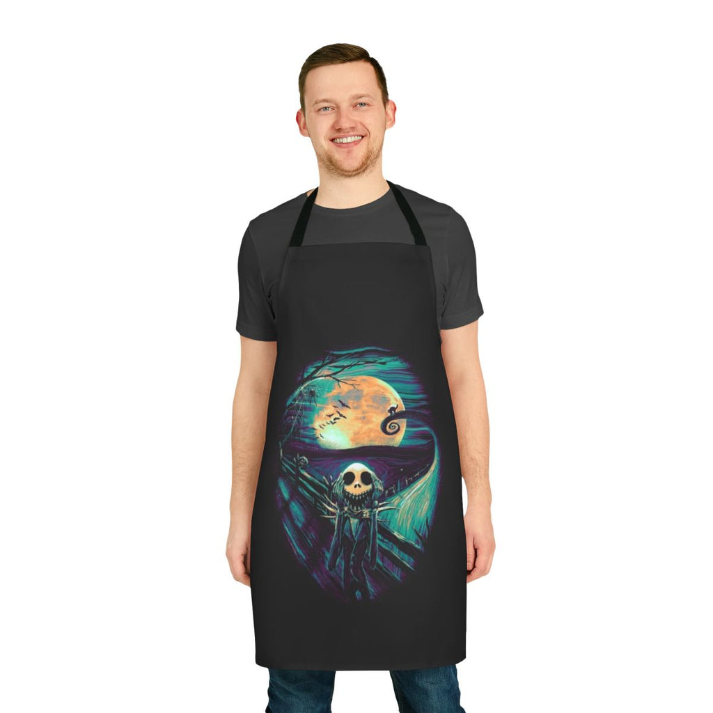 Creepy and whimsical apron featuring elements from "The Nightmare Before Christmas" and Edvard Munch's "The Scream"