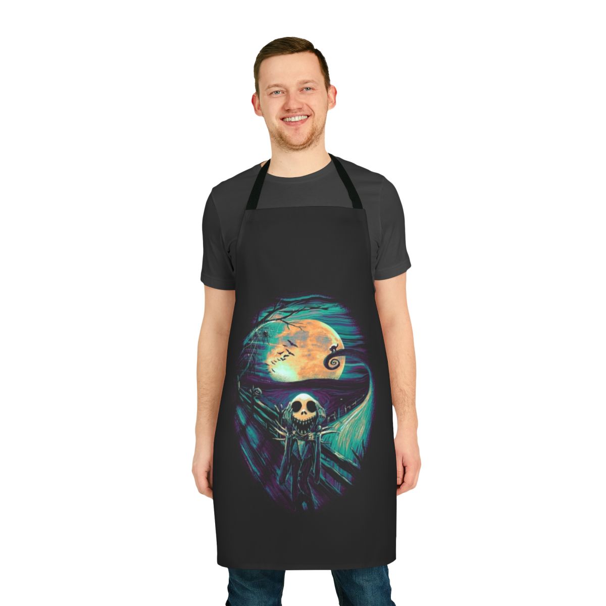 Creepy and whimsical apron featuring elements from "The Nightmare Before Christmas" and Edvard Munch's "The Scream"