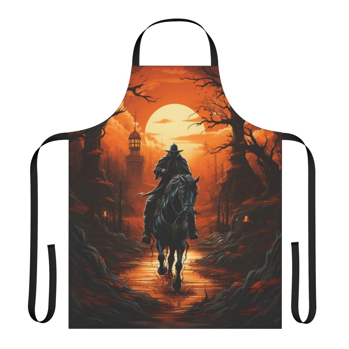 A black apron with a design of the Headless Horseman, a classic Halloween icon.