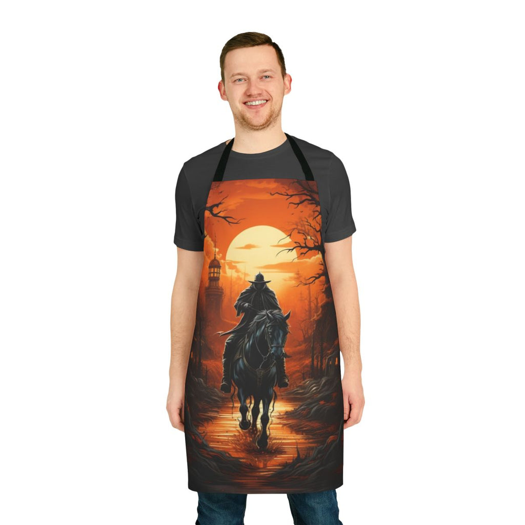 A black apron with a design of the Headless Horseman, a classic Halloween icon.